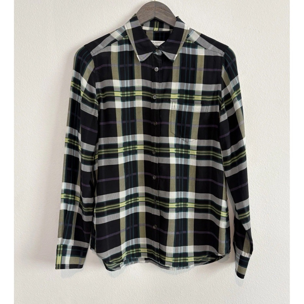 Equipment Femme Silk Button Down Shirt Womens Small Black Green Blue Plaid